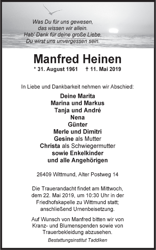  Traueranzeige für Manfred Heinen vom 15.05.2019 aus Rhein-Zeitung
