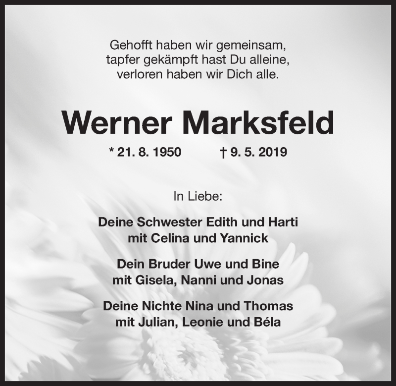  Traueranzeige für Werner Marksfeld vom 18.05.2019 aus Wilhelmshavener Zeitung