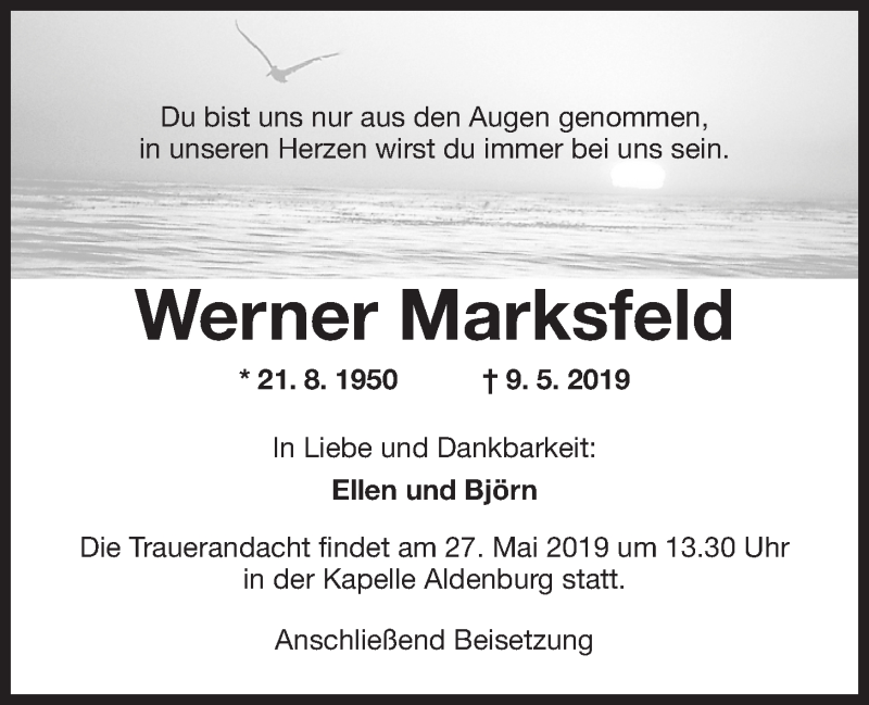  Traueranzeige für Werner Marksfeld vom 18.05.2019 aus Wilhelmshavener Zeitung