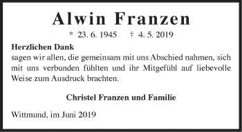 Traueranzeige von Alwin Franzen von Rhein-Zeitung