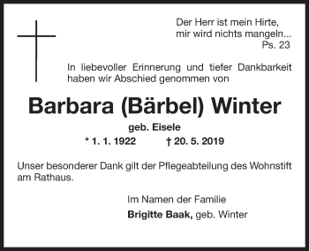 Traueranzeige von Barbara Winter von Wilhelmshavener Zeitung