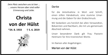 Traueranzeige von Christa von der Hüls von Wilhelmshavener Zeitung