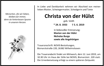 Traueranzeige von Christa von der Hülst von Wilhelmshavener Zeitung