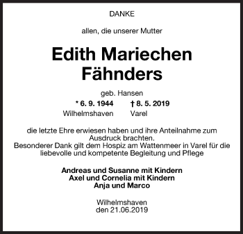 Traueranzeige von Edith Mariechen Fähnders von Wilhelmshavener Zeitung