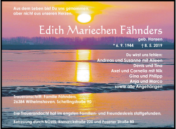 Traueranzeige von Edith Mariechen Fähnders von Wilhelmshavener Zeitung