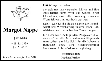 Traueranzeige von Margot Nippe von Wilhelmshavener Zeitung
