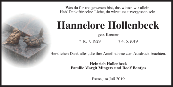 Traueranzeige von Hannelore Hollenbeck von Rhein-Zeitung