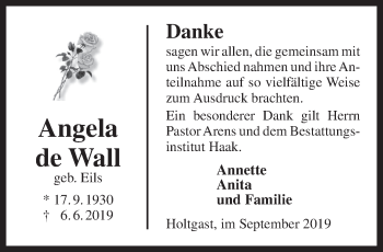 Traueranzeige von Angela de Wall von Rhein-Zeitung