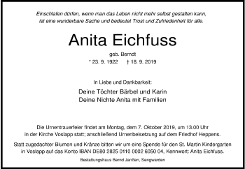 Traueranzeige von Anita Eichfuss von Wilhelmshavener Zeitung