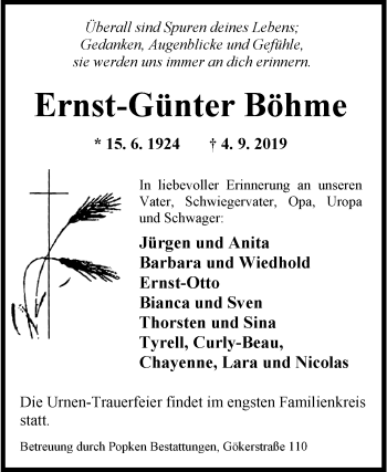 Traueranzeige von Ernst-Günter Böhme von Wilhelmshavener Zeitung
