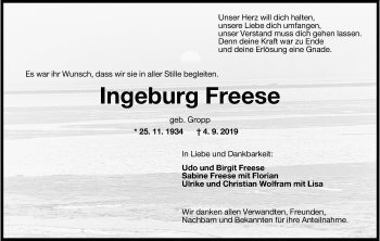 Traueranzeige von Ingeburg Freese von Wilhelmshavener Zeitung