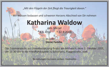 Traueranzeige von Katharina Waldow von Anzeiger für Harlingerland