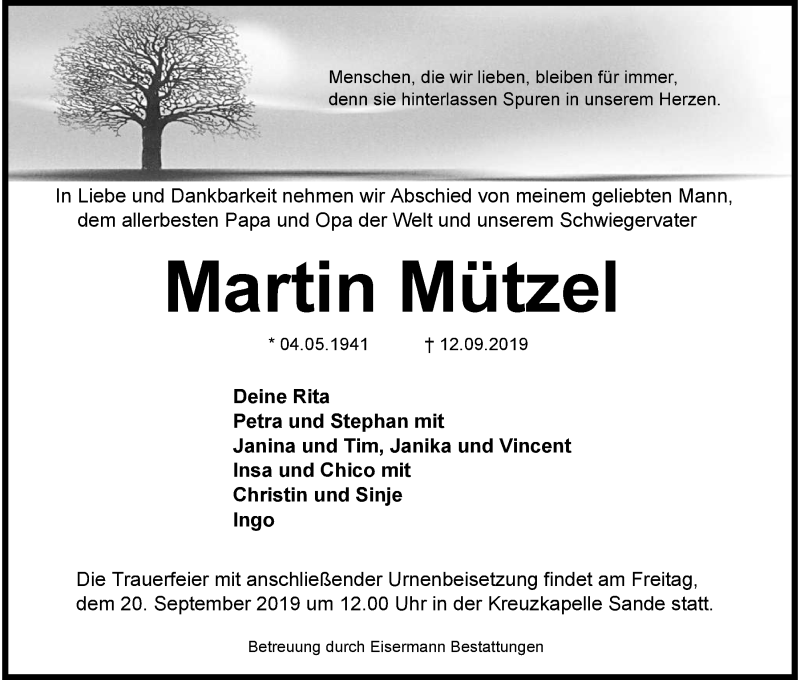  Traueranzeige für Martin Mützel vom 14.09.2019 aus Wilhelmshavener Zeitung