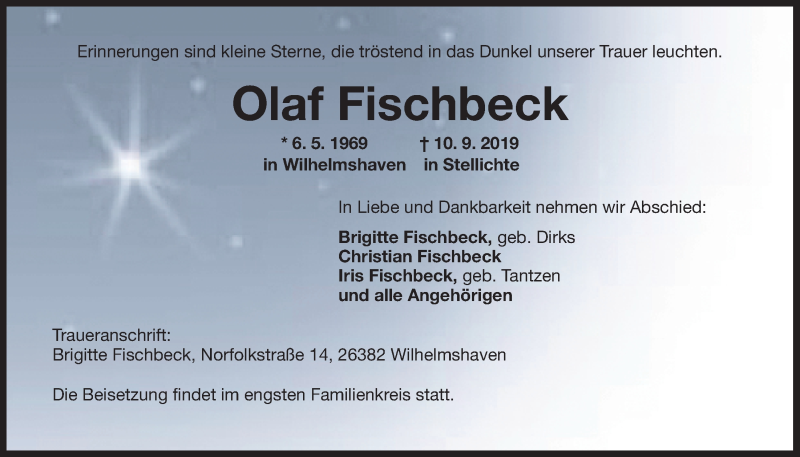  Traueranzeige für Olaf Fischbeck vom 14.09.2019 aus Wilhelmshavener Zeitung