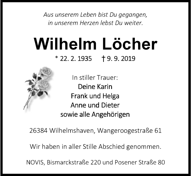  Traueranzeige für Wilhelm Löcher vom 21.09.2019 aus Wilhelmshavener Zeitung