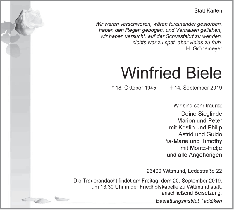  Traueranzeige für Winfried Biele vom 17.09.2019 aus Rhein-Zeitung