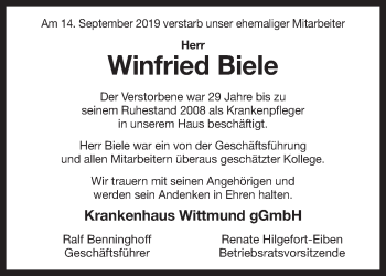 Traueranzeige von Winfried Biele von Rhein-Zeitung