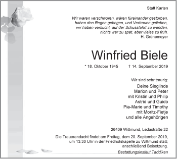 Traueranzeige von Winfried Biele von Rhein-Zeitung