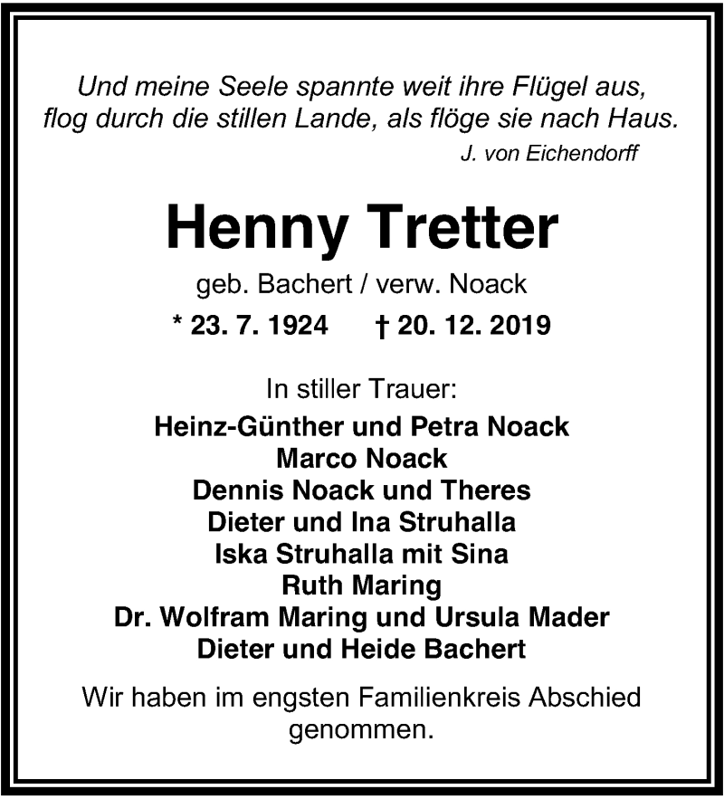 Traueranzeige für Henny Tretter vom 25.01.2020 aus Wilhelmshavener Zeitung