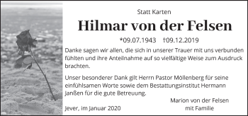 Traueranzeige von Hilmar von der Felsen von Rhein-Zeitung