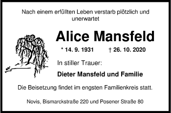 Traueranzeige von Alice Mansfeld von Wilhelmshavener Zeitung