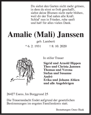 Traueranzeige von Amalie Mali Janssen von Anzeiger für Harlingerland