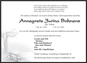 Traueranzeige von Annegrete Jurina Bohnens von Anzeiger für Harlingerland