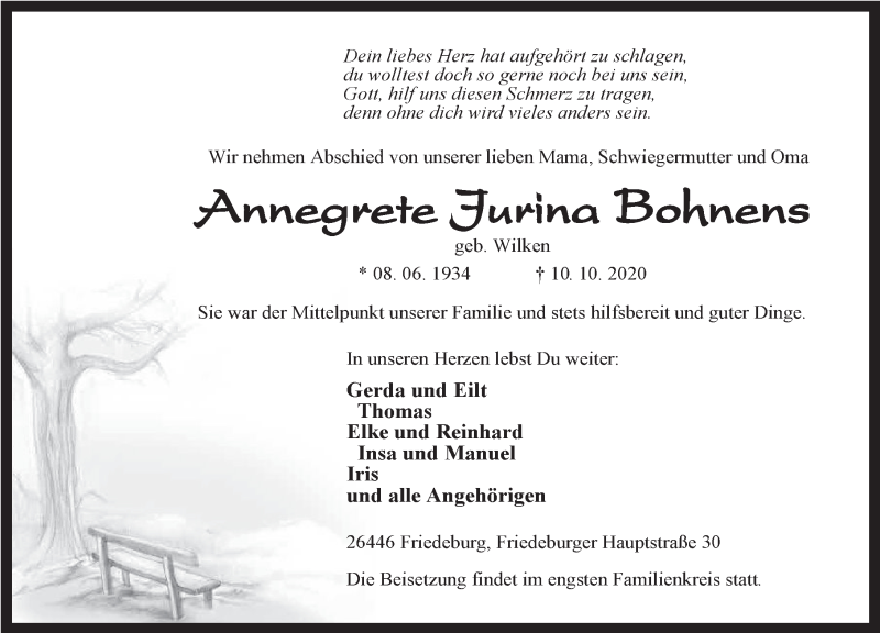  Traueranzeige für Annegrete Jurina Bohnens vom 14.10.2020 aus Anzeiger für Harlingerland