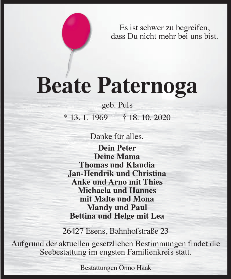  Traueranzeige für Beate Paternoga vom 20.10.2020 aus Anzeiger für Harlingerland