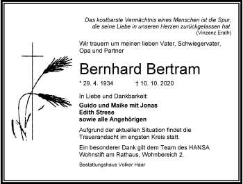 Traueranzeige von Bernhard Bertram von Wilhelmshavener Zeitung