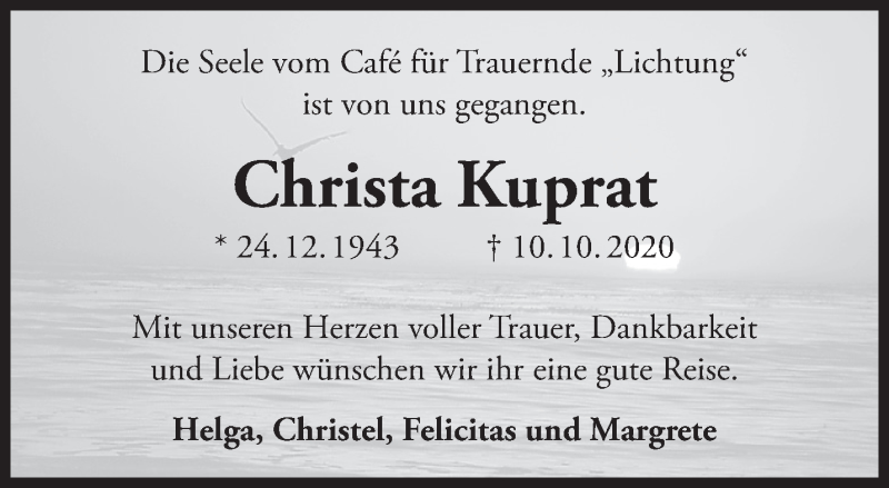  Traueranzeige für Christa Kuprat vom 17.10.2020 aus Anzeiger für Harlingerland