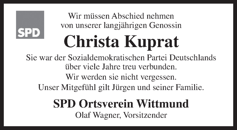  Traueranzeige für Christa Kuprat vom 14.10.2020 aus Anzeiger für Harlingerland