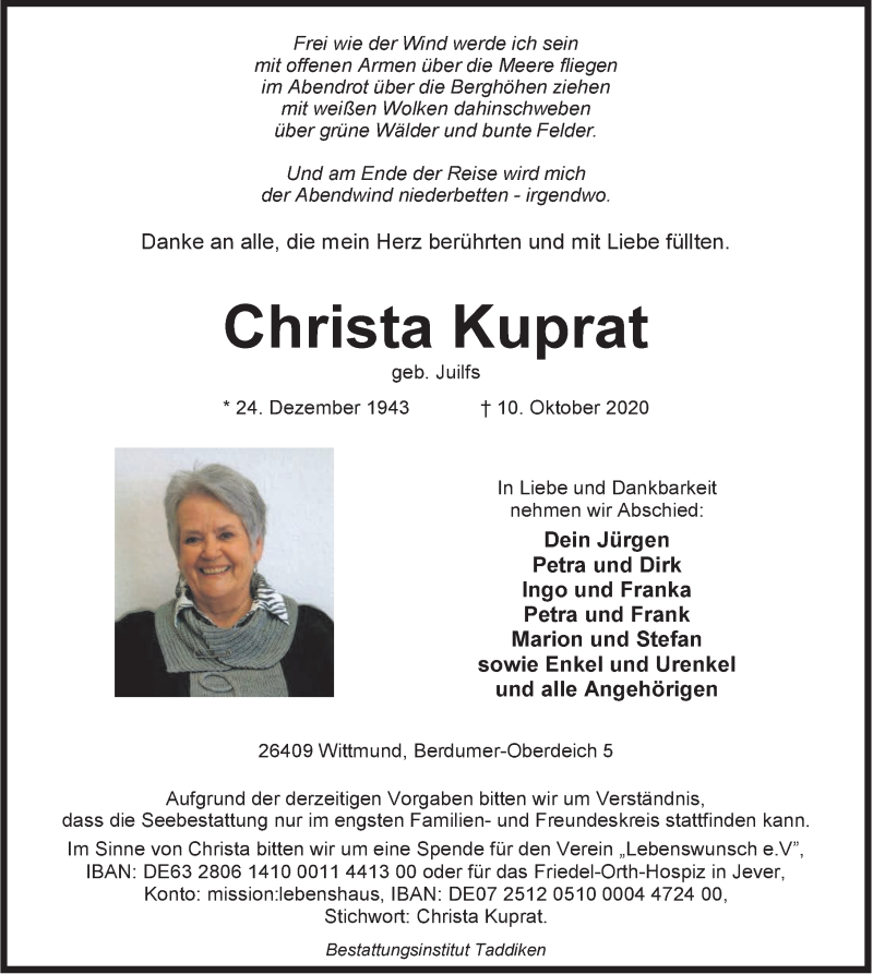  Traueranzeige für Christa Kuprat vom 13.10.2020 aus Anzeiger für Harlingerland