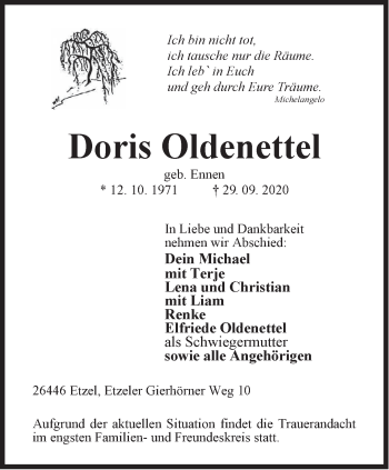 Traueranzeige von Doris Oldenettel von Anzeiger für Harlingerland