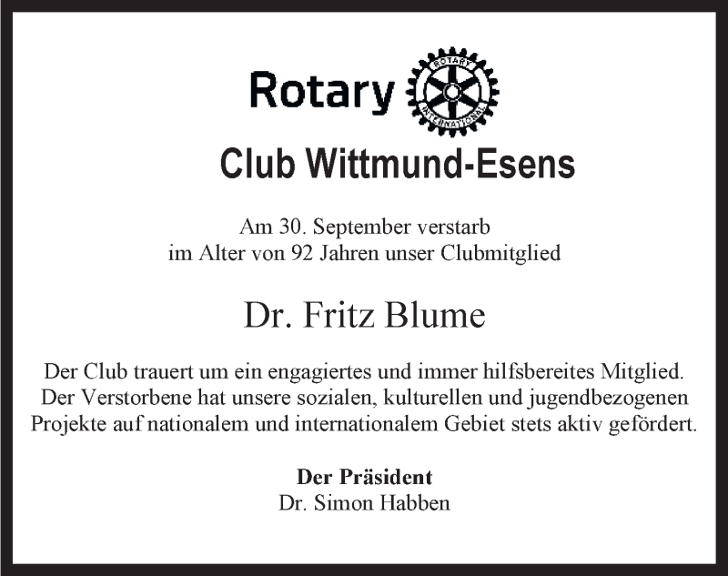  Traueranzeige für Fritz Blume vom 05.10.2020 aus Anzeiger für Harlingerland