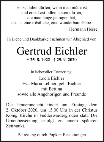 Traueranzeige von Gertrud Eichler von Wilhelmshavener Zeitung