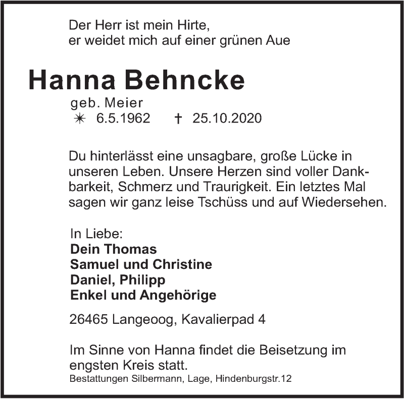  Traueranzeige für Hanna Behncke vom 28.10.2020 aus Anzeiger für Harlingerland