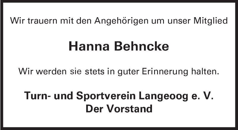  Traueranzeige für Hanna Behncke vom 29.10.2020 aus Anzeiger für Harlingerland