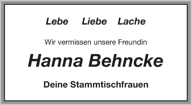  Traueranzeige für Hanna Behncke vom 30.10.2020 aus Anzeiger für Harlingerland