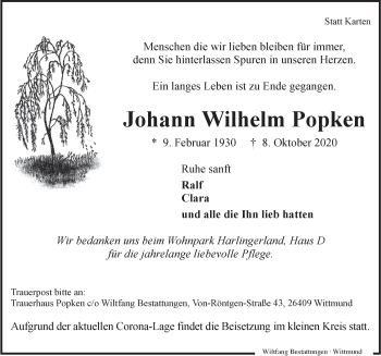 Traueranzeige von Johann Wilhelm Popken von Anzeiger für Harlingerland