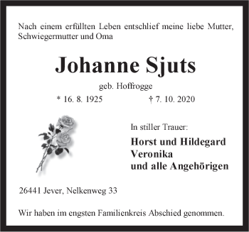Traueranzeige von Johanne Sjuts von Anzeiger für Harlingerland