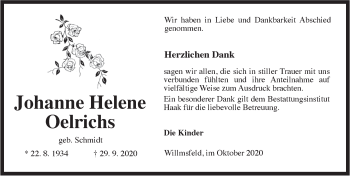 Traueranzeige von Johanne Helene Oelrichs von Anzeiger für Harlingerland
