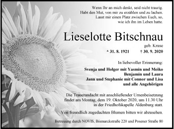 Traueranzeige von Lieselotte Bitschnau von Wilhelmshavener Zeitung