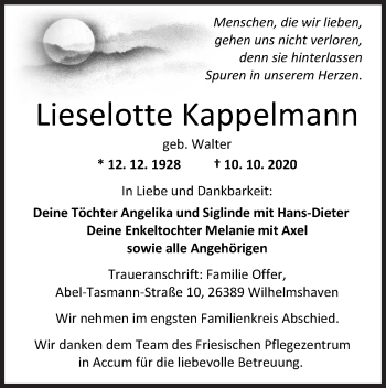 Traueranzeige von Lieselotte Kappelmann von Wilhelmshavener Zeitung