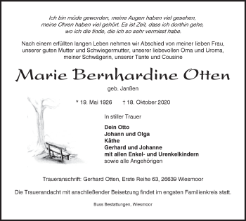 Traueranzeige von Marie Bernhardine Otten von Anzeiger für Harlingerland
