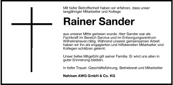 Traueranzeige von Rainer Sander von Wilhelmshavener Zeitung