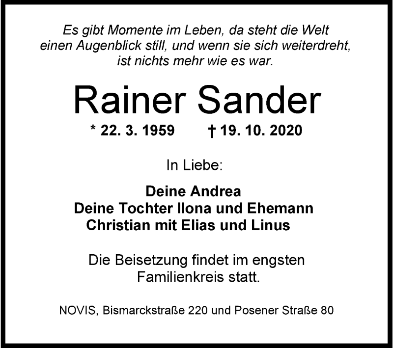  Traueranzeige für Rainer Sander vom 24.10.2020 aus Wilhelmshavener Zeitung