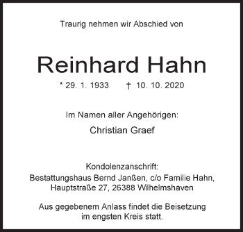 Traueranzeige von Reinhard Hahn von Anzeiger für Harlingerland