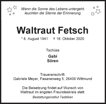 Traueranzeige von Waltraut Fetsch von Anzeiger für Harlingerland