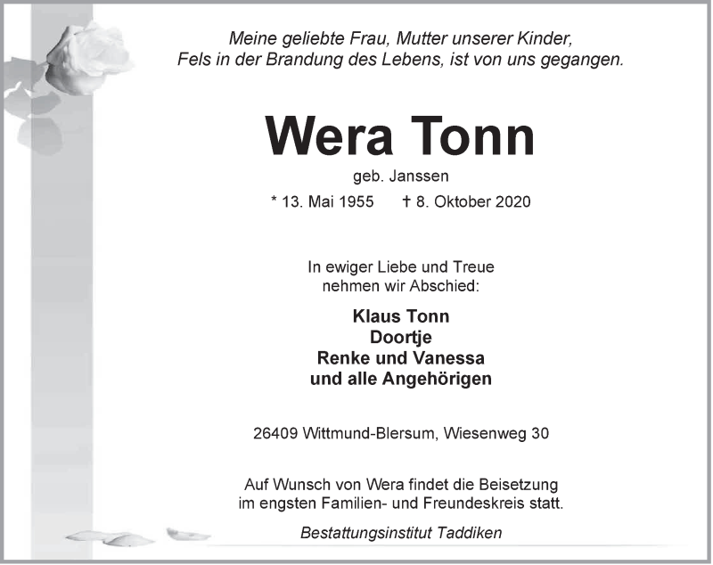  Traueranzeige für Wera Tonn vom 10.10.2020 aus Anzeiger für Harlingerland